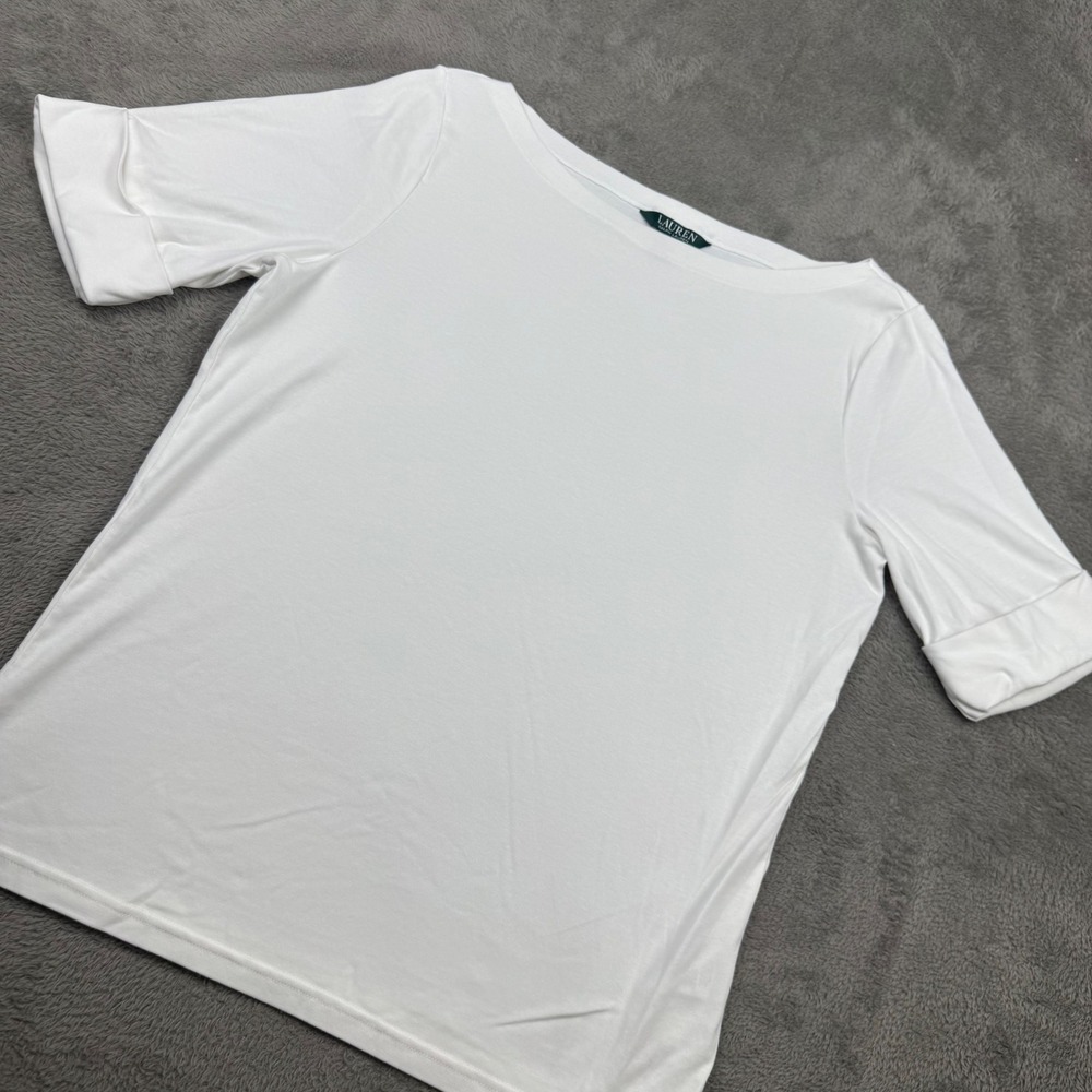 Lauren Ralph Lauren Top Womens XL White Excellent Boat Neck Cuffed Short Sleeve